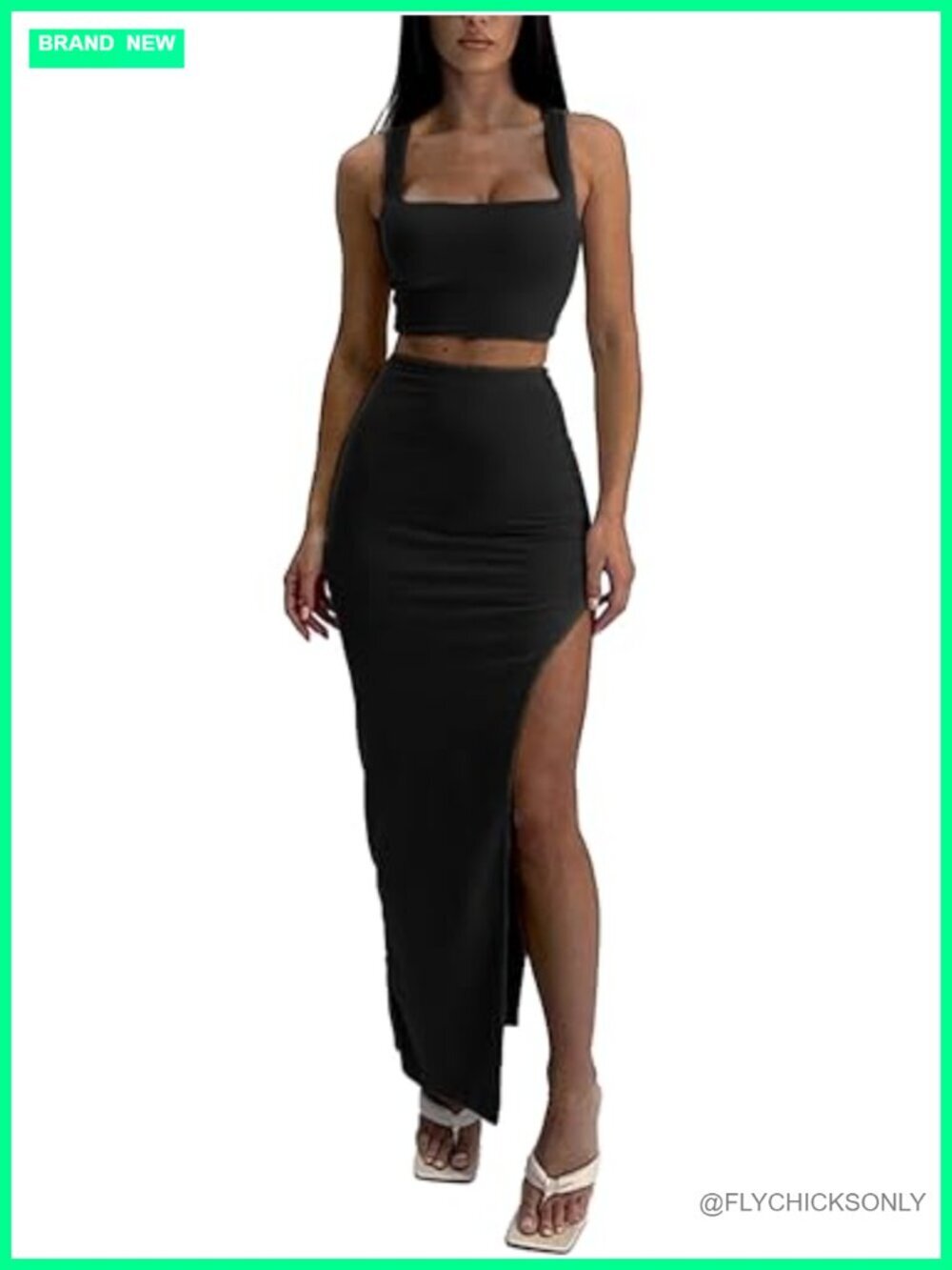 Two Piece Maxi Skirt Sets, Square Neck Tank Top with High Side Slit, Summer
